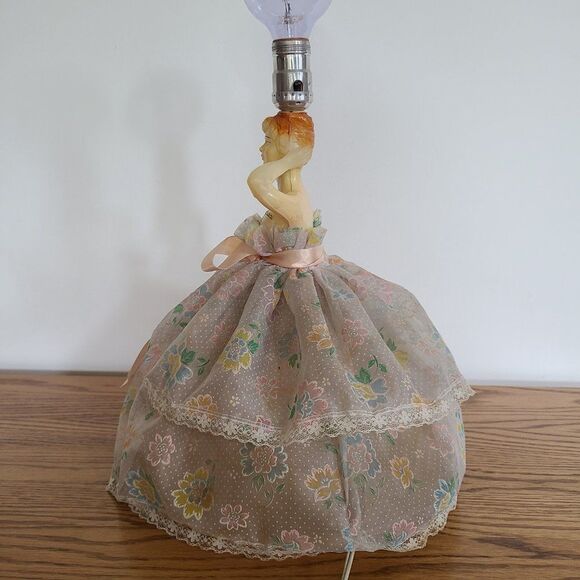 Vintage Lady In Dress MCM Lamp Celluloid Plastic Floral Swiss Dot Hoop Skirt - Picture 13 of 16